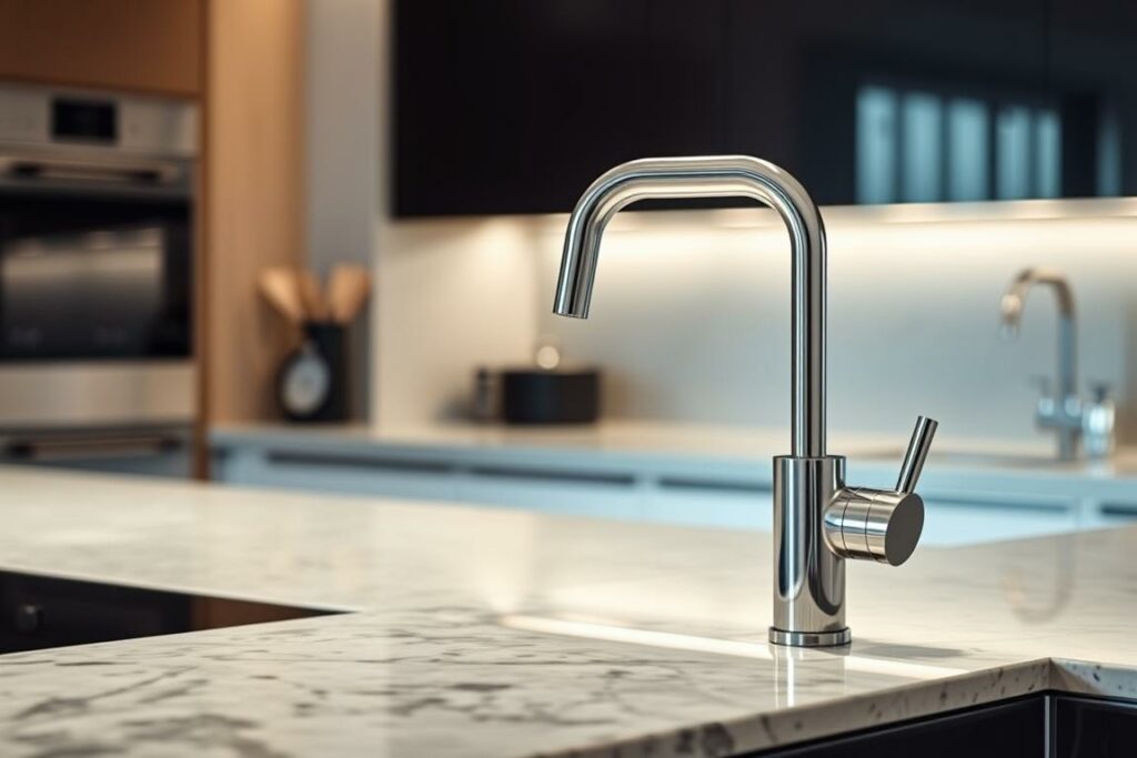 A modern, sleek Quooker kochendwasserhahn (boiling water tap) in a high-end kitchen. The gleaming chrome faucet stands prominently on a polished granite countertop, bathed in warm, diffused lighting. The tap's streamlined silhouette and minimalist design seamlessly integrate with the kitchen's contemporary aesthetic. In the background, a subtle reflection on the glossy surface adds depth and a sense of sophistication. The overall scene conveys the Quooker's refined, premium quality and its role as a focal point of the modern, well-appointed kitchen.