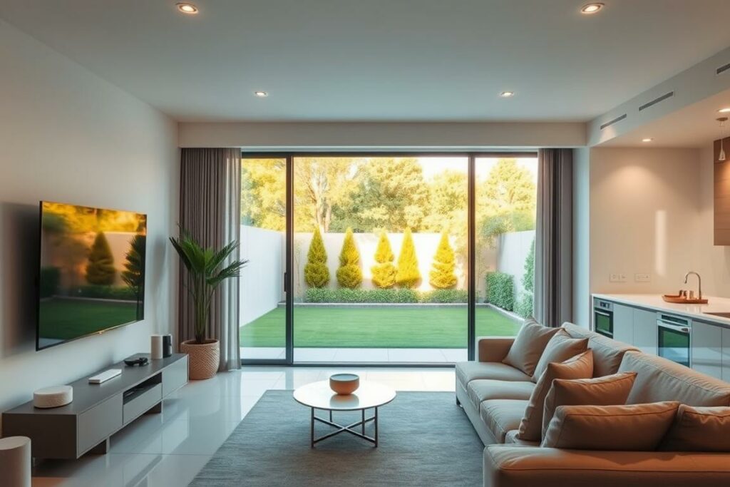 A modern, sleek interior with seamless integration of smart home technologies. In the foreground, a clean, minimalist living room with a large flat-screen TV, a voice-controlled smart assistant, and various smart home devices blending harmoniously into the design. The middle ground features a panoramic window overlooking a lush, verdant backyard, bathed in warm, natural lighting. The background showcases a minimalist, uncluttered kitchen with smart appliances and touchscreen interfaces. The overall atmosphere conveys a sense of effortless connectivity, efficiency, and technological sophistication within a comfortable, contemporary home environment.