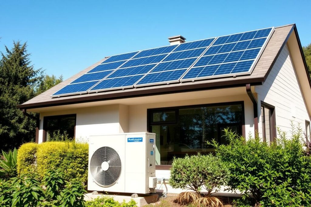 A modern, well-insulated home nestled among lush greenery, with a prominent rooftop solar panel array powering a sleek, efficient air-source heat pump system. The heat pump's outdoor unit stands proudly against a backdrop of clear blue skies, its clean lines and muted tones blending seamlessly with the home's contemporary architecture. Sunlight glints off the solar panels, generating renewable energy to power the home's heating and cooling needs. The scene radiates a sense of sustainability, comfort, and harmony between technology and nature.