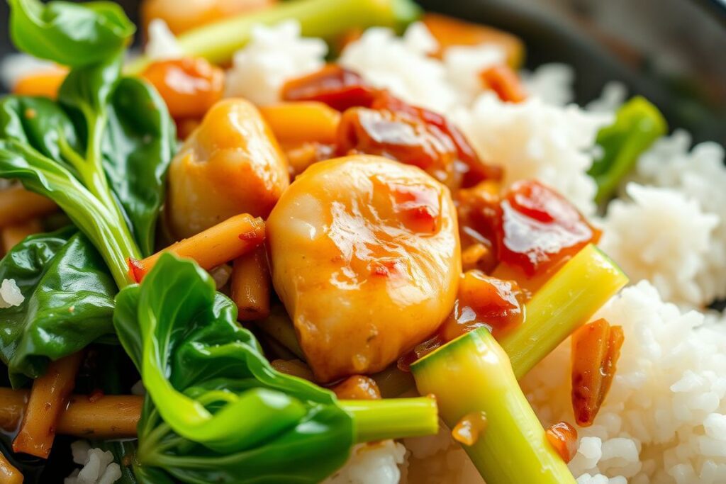A nourishing Asian stir-fry dish, featuring vibrant Pak Choi nestled amidst a medley of savory ingredients. The crisp, emerald-green leaves and tender stems are artfully arranged, complemented by sautéed garlic, ginger, and aromatic spices. The warm, golden-brown hues of the pan-seared protein create a visually striking contrast, while the glistening sauce ties the flavors together in a harmonious blend. Soft, fluffy white rice provides a perfect canvas for this delectable creation, inviting the viewer to savor the authentic, mouthwatering Asian cuisine. Expertly lit to showcase the depth and texture of the dish, the image radiates an enticing, appetite-whetting atmosphere.