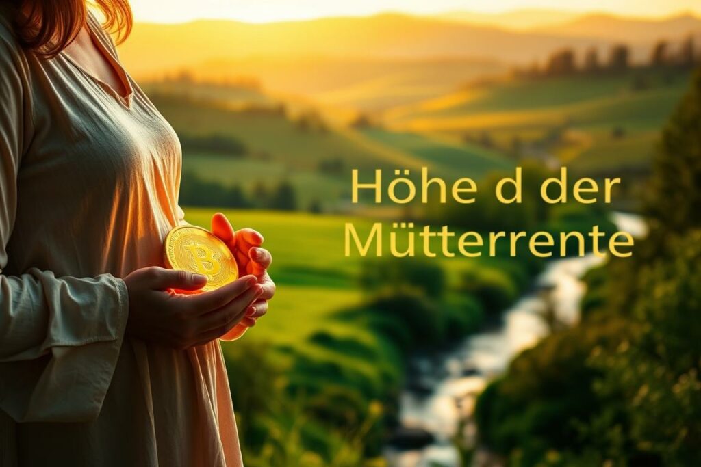 A serene and contemplative scene depicting the "Höhe der Mütterrente". In the foreground, a motherly figure stands, her hands cradling a glowing golden coin, symbolizing the financial support provided by the Mütterrente. The middle ground features a lush, verdant landscape, with rolling hills and a tranquil stream reflecting the natural beauty of the German countryside. The background is bathed in a warm, golden light, conveying a sense of comfort and security. The overall mood is one of contentment and appreciation for the care and nourishment provided by the Mütterrente, captured through a soft, dreamlike lens with a shallow depth of field.
