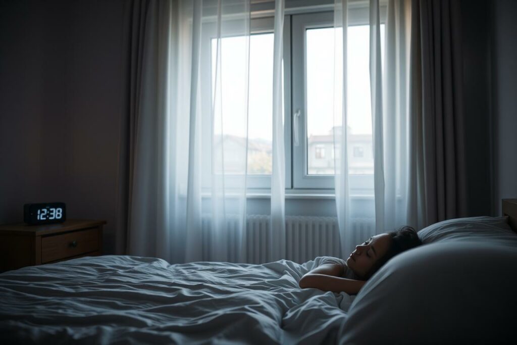 A serene, dimly lit bedroom scene. In the foreground, a comfortable bed with plush bedding and a peaceful, sleeping figure. Soft, diffused lighting filters through sheer curtains, casting a warm, calming glow. In the middle ground, a nightstand holds a digital clock displaying the late hour. The background reveals a minimalist, uncluttered space with neutral tones, exuding a sense of tranquility. An open window allows a gentle breeze to flow, hinting at the transition from the stresses of the day to the restorative power of sleep. The overall atmosphere conveys the essential role of quality rest in effectively managing stress and achieving inner balance.