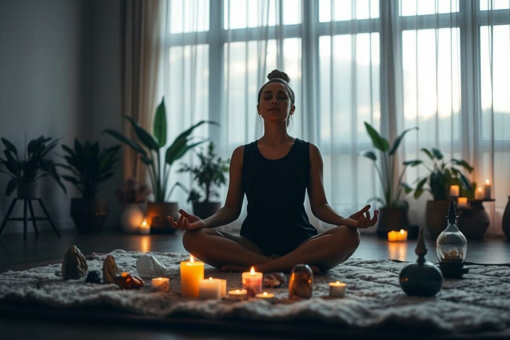 A serene, dimly lit room with soft ambient lighting casting a warm glow. In the foreground, a person sitting cross-legged on a plush, cushioned floor, eyes closed in deep meditation. Surrounding them, an arrangement of healing crystals, candles, and incense burners, emitting a calming aroma. The middle ground features a large window, with sheer curtains gently swaying, allowing natural light to filter in. In the background, lush, verdant plants and a tranquil, minimalist decor, creating a soothing, harmonious atmosphere conducive to mindfulness and relaxation.