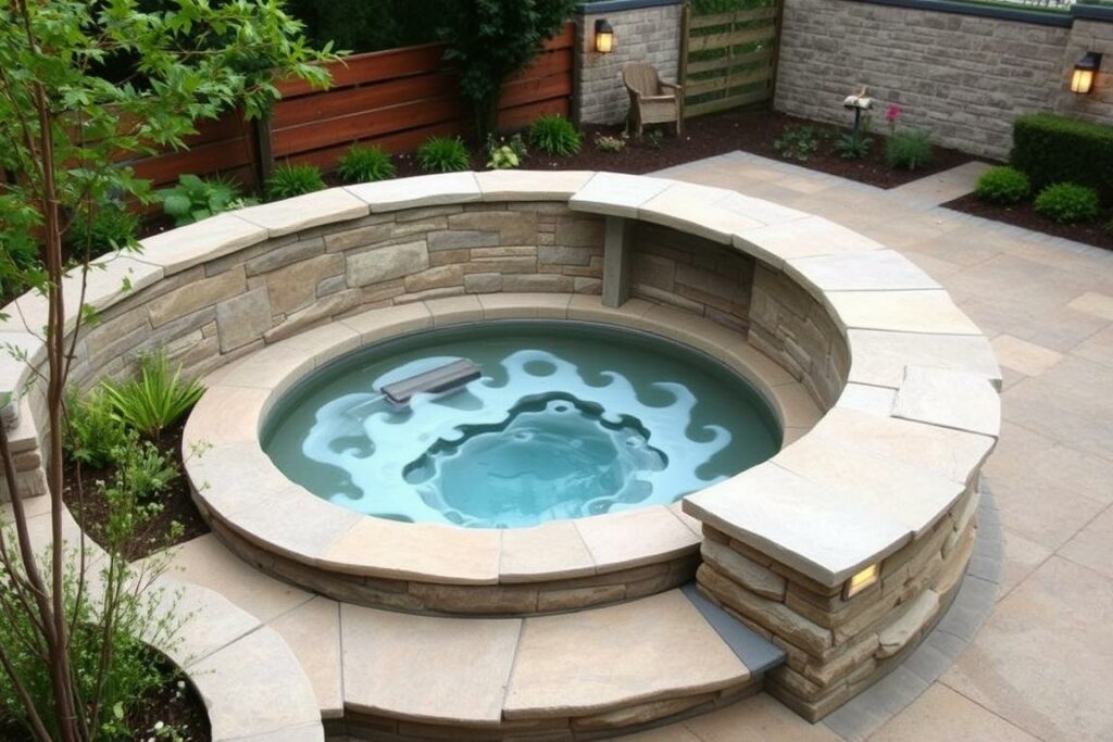 A serene, inviting outdoor oasis showcasing the benefits of a whirlpool surrounded by a meticulously crafted, natural-looking stone or wooden enclosure. The whirlpool is the focal point, its soothing, swirling waters inviting relaxation, while the carefully designed perimeter, accented with lush greenery, enhances the tranquil atmosphere. Soft, diffused lighting from strategically placed fixtures creates a warm, calming ambiance, while the angle captures the entire scene, including the beautifully integrated architecture that seamlessly blends the whirlpool into the serene landscape. An idyllic escape from the stresses of everyday life, this image captures the essence of the "Whirlpool Umrandung Vorteile" - a harmonious fusion of form and function.