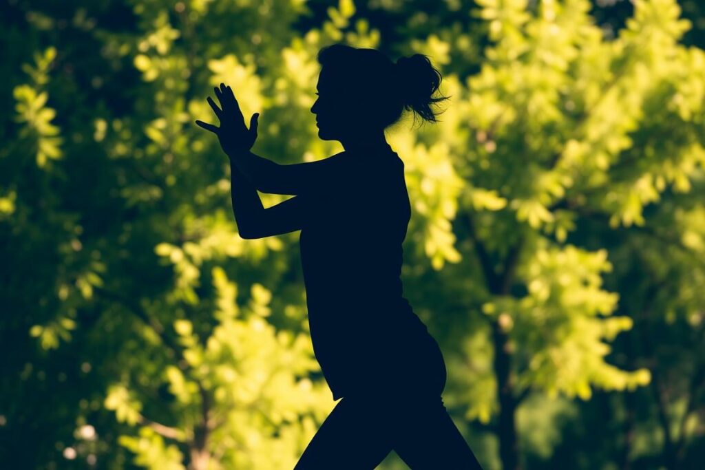 A serene outdoor scene with a person engaged in dynamic, energetic movement against a backdrop of lush green foliage. The figure is silhouetted, capturing the essence of their physical exertion as they stretch, bend, and flow through a series of yoga or tai chi poses. Warm, natural lighting bathes the scene, creating a sense of tranquility and rejuvenation. The composition emphasizes the connection between the individual and their natural surroundings, conveying the restorative power of physical activity in reducing stress and promoting well-being.