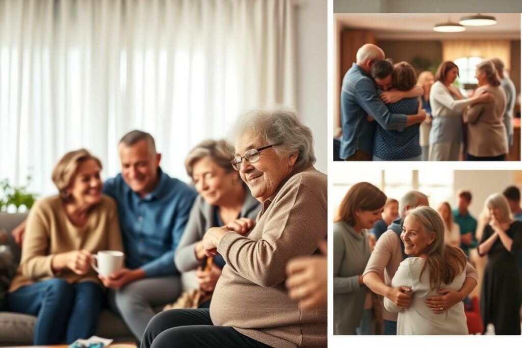 A serene scene of people embracing, faces warm with compassion, their bodies radiating a sense of connection and support. In the foreground, a group of friends gathered around a cozy living room, sharing a cup of tea and engaging in heartfelt conversation. The middle ground features a family gathering, grandparents embracing their grandchildren with tender affection. In the background, a community center or support group meeting, individuals reaching out to one another, creating a network of social support. The lighting is soft and diffused, lending a sense of intimacy and comfort to the scene. The composition is balanced, drawing the viewer's eye to the central themes of human connection and emotional wellbeing.