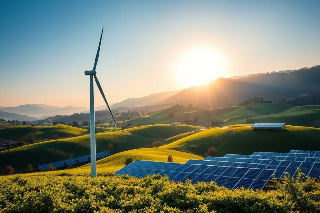 A serene, sun-dappled landscape showcasing the clean, renewable energy of Lichtblick Strom. In the foreground, a modern wind turbine stands tall, its blades gently turning in the breeze. Lush, verdant hills roll out in the middle ground, dotted with solar panels that capture the abundant sunlight. In the background, a distant mountain range bathes in the warm glow of the setting sun, creating a sense of tranquility and harmony. The scene evokes a vision of sustainable, eco-friendly power generation, embodying the essence of Lichtblick Strom and its commitment to green energy solutions.
