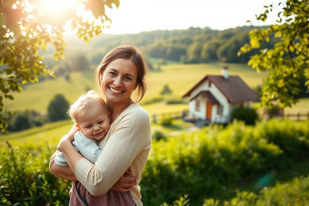 A serene, sun-dappled scene depicting the concept of "Mütterrente" (Mother's Pension). In the foreground, a warm, smiling woman embraces a young child, representing the nurturing care and financial support provided by this government benefit. The middle ground features a cozy, modest home, symbolizing the security and stability it enables. In the background, a lush, verdant landscape stretches out, evoking a sense of tranquility and abundance. The lighting is soft and diffused, creating a comforting, inviting atmosphere. The overall composition conveys the idea of maternal care, family well-being, and the important role that the Mütterrente plays in supporting mothers and their children.