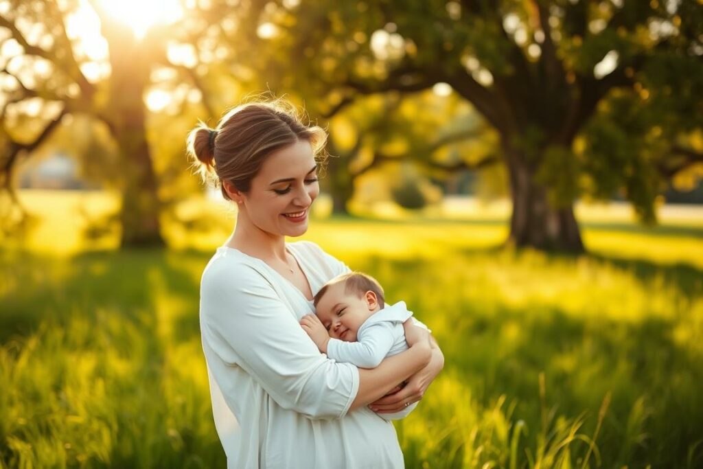 A serene, sun-dappled scene of a loving mother cradling her child, set against the backdrop of a lush, verdant meadow. The warm, golden light filters through the branches of towering oak trees, casting a soft, gentle glow over the pair. The mother's expression is one of pure contentment and joy, as she gazes adoringly at her little one, who rests peacefully in her arms. The image conveys a sense of tranquility and the profound bond between a mother and her child, reflecting the essence of the "Anspruch auf Mütterrente" concept.