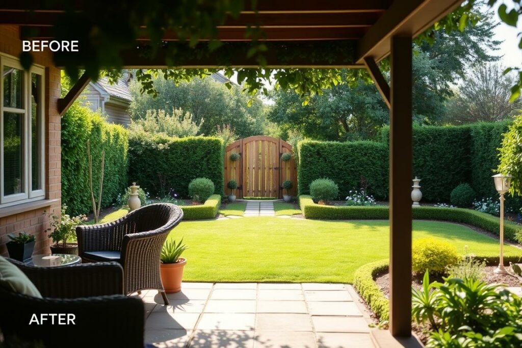 A serene, well-manicured garden with a clear before-and-after transformation. In the foreground, a cozy patio with wicker furniture and potted plants, bathed in warm, natural lighting. The middle ground showcases a lush, vibrant lawn, punctuated by neatly trimmed hedges and strategically placed garden beds. In the background, a charming wooden fence frames the scene, creating a sense of privacy and enclosure. The overall atmosphere is one of tranquility and thoughtful design, reflecting the careful planning and execution of the garden's transformation. Subtle details, such as the placement of garden ornaments and the strategic use of pathways, hint at the meticulous attention to detail that went into the design.