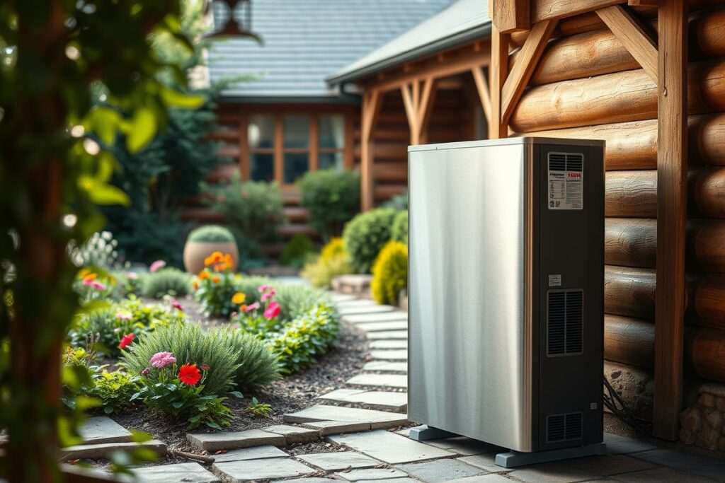 A sleek, modern heat pump nestled in a cozy, rustic setting. The pump stands in the foreground, its brushed steel casing gleaming under soft, natural lighting. In the middle ground, a well-manicured garden with lush greenery and vibrant flowers creates a serene, tranquil atmosphere. The background features a traditional, timber-framed house, its warm, earthy tones complementing the heat pump's contemporary design. The overall scene conveys a harmonious blend of cutting-edge technology and charming, pastoral elements, embodying the integration of a heat pump into an eco-friendly, sustainable home.