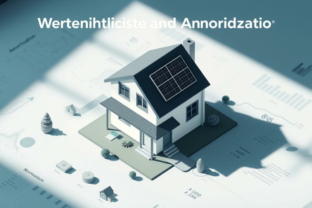 A sleek, modern infographic depicting the concept of amortization, set against a backdrop of financial charts and graphs. In the foreground, a 3D isometric illustration of a house with a solar panel array on the roof, surrounded by clean, minimalist icons and data visualizations. The color palette is a harmonious blend of blues, grays, and muted greens, conveying a sense of efficiency and sustainability. Dramatic lighting from the side casts long shadows, adding depth and dimensionality to the scene. The overall composition is balanced and visually appealing, effectively communicating the key ideas of the "Wirtschaftlichkeit und Amortisation" section.