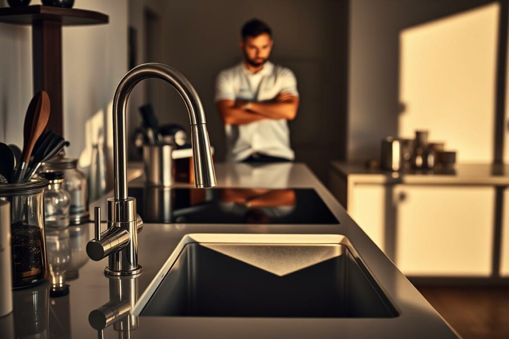 A sleek, modern kitchen countertop dominates the frame, with a stainless steel Quooker faucet prominently displayed. The countertop is cluttered with various kitchen appliances and utensils, casting long shadows that suggest harsh, unforgiving lighting. The atmosphere is tense and uneasy, with an undertone of potential health hazards. In the background, a blurred figure stands, arms crossed, conveying a sense of concern and unease. The overall composition evokes a feeling of discomfort, inviting the viewer to question the safety and well-being associated with the Quooker device.