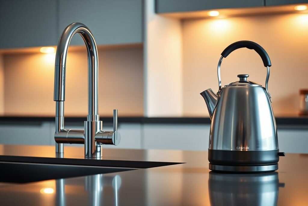 A sleek, modern kitchen countertop with a polished Quooker tap and a traditional electric kettle standing side by side. Warm, indirect lighting casts a soft glow, highlighting the contrasting designs. The Quooker's chrome finish reflects the kitchen's clean lines, while the kettle's classic silhouette adds a touch of nostalgia. Attention is drawn to the differences in functionality, energy efficiency, and user experience between these two water-heating appliances. The scene conveys a sense of comparison and consideration, inviting the viewer to ponder the pros and cons of each option.