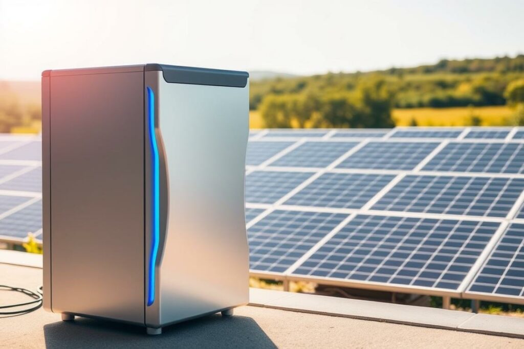 A sleek, modern photovoltaic energy storage system prominently displayed in the foreground. The storage unit features a smooth, metallic exterior with a clean, minimalist design. Subtle blue LED lighting accents the edges, conveying a sense of technological sophistication. In the middle ground, a neatly arranged solar panel array stretches out, capturing the sun's rays. The background depicts a serene, sun-drenched landscape with lush greenery, hinting at the renewable and eco-friendly nature of the system. The lighting is soft and diffused, creating a warm, inviting atmosphere that showcases the efficiency and reliability of this integrated solar energy solution.