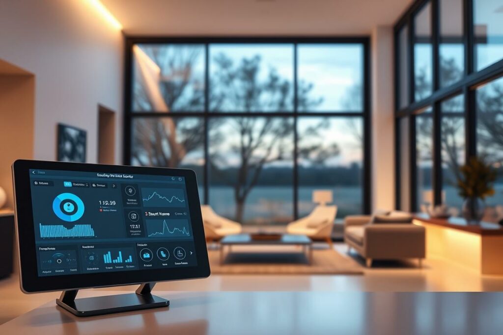 A sleek, modern smart home interior with a focus on data security. In the foreground, a central control panel displays real-time security metrics and monitoring systems. In the middle ground, smart home devices like cameras, sensors, and locks are seamlessly integrated into the home's minimalist design. The background features large windows overlooking a serene outdoor scene, bathed in warm, diffused lighting that creates a sense of safety and comfort. The overall atmosphere conveys a balance of advanced technology and elegant, user-friendly functionality, reflecting the importance of data privacy and security in the connected home.