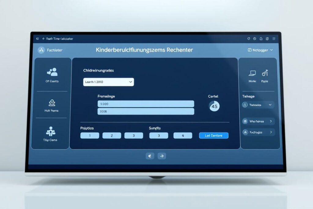A sleek, modern user interface with a clean, minimalist design showcasing a "Kinderberücksichtigungszeiten Rechner" (Child Rearing Time Calculator). The interface features a central display area with input fields for relevant data, surrounded by intuitive controls and informative icons. The overall aesthetic is professional and user-friendly, conveying a sense of efficiency and ease of use. Soft, neutral lighting illuminates the scene, with a subtle gradient background providing a sense of depth and visual interest. The camera angle is slightly elevated, allowing the viewer to take in the entire layout while maintaining a sense of accessibility and approachability.