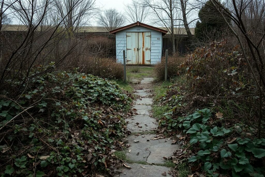 A sprawling, overgrown garden in disarray. Tangled weeds, unkempt shrubbery, and decaying leaves litter the foreground, creating a sense of neglect. The middle ground reveals a worn, cracked concrete pathway, partially obscured by encroaching vegetation. In the background, a rusting garden shed stands as a weathered relic, its paint peeling and its windows boarded up. The scene is cast in a muted, dull palette, with low, overcast lighting that casts long shadows across the unkempt landscape, conveying a sense of melancholy and the need for restoration.
