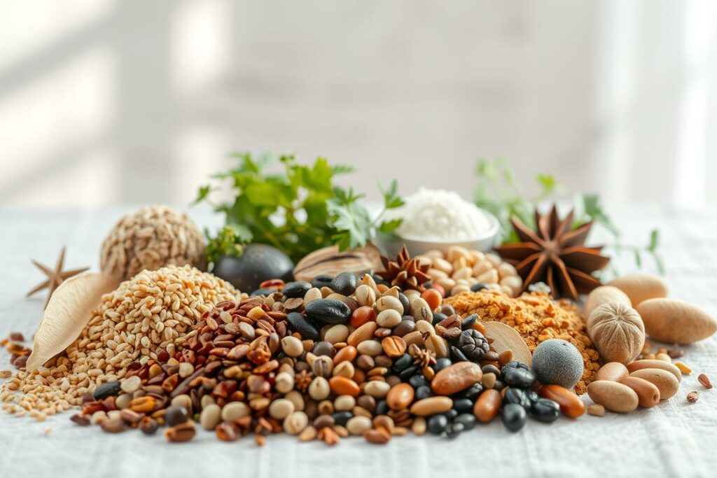 A still life arrangement showcasing various mineral supplements and their sources. In the foreground, an assortment of whole grains, legumes, nuts, and seeds are artfully displayed, each representing a key mineral such as iron, magnesium, or zinc. The middle ground features a selection of mineral-rich herbs and spices, their vibrant colors and textures complementing the earthy tones of the primary ingredients. In the background, a subtle play of soft, natural lighting illuminates the scene, creating a warm, inviting atmosphere that emphasizes the nutritional richness and wholesomeness of these mineral-dense foods. The composition is balanced, the lighting is soft and diffused, and the overall mood is one of simplicity, health, and nourishment.