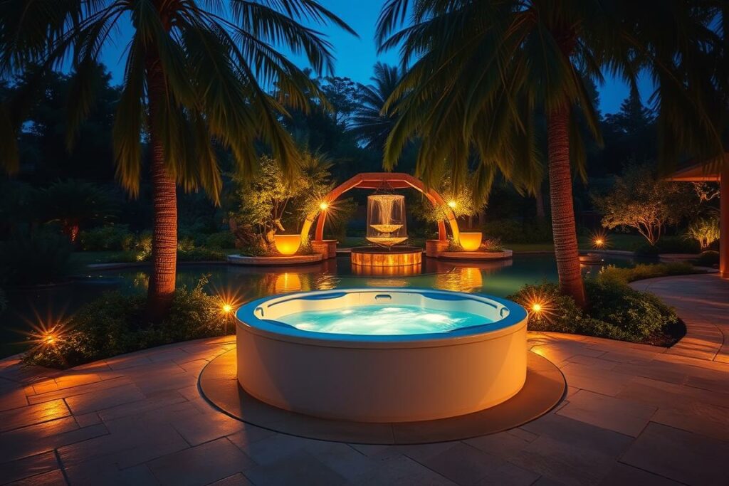 A stunning whirlpool set against a serene outdoor oasis, illuminated by a soft, ambient glow. The tub is situated on a stone patio, surrounded by lush greenery and a tranquil water feature. Warm, golden lights strategically placed around the perimeter cast a gentle, inviting radiance, creating a mesmerizing and relaxing atmosphere. The reflection of the lights on the gently rippling water adds a mesmerizing visual depth. Tall, swaying trees frame the scene, casting a gentle, dappled shadow over the setting. An overall sense of natural harmony and peaceful escape pervades the image.