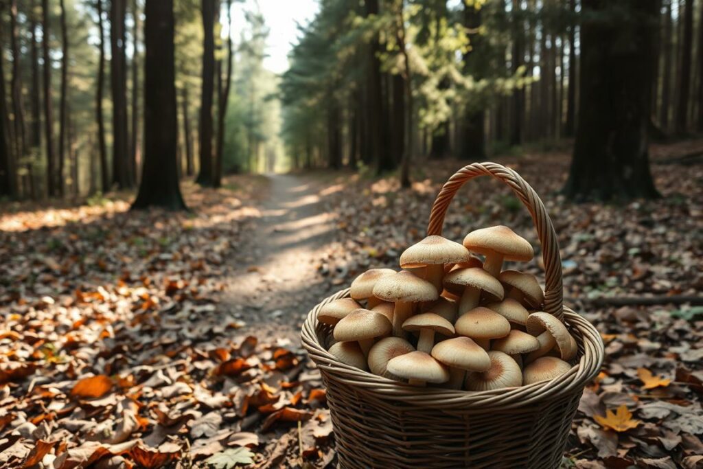 A tranquil forest scene, the ground covered in a mosaic of fallen leaves and scattered mushrooms. In the foreground, a basket brimming with carefully harvested fungi, their caps gently glistening in the soft, diffused light filtering through the towering trees. A pair of gloved hands delicately inspects a specimen, examining its features with a discerning eye. The middle ground reveals a winding path, inviting the viewer to explore the woodland in search of the elusive, edible mushrooms. In the background, the dense foliage casts long, dramatic shadows, creating a sense of mystery and caution, reminding the mushroom forager to tread carefully and identify each find with utmost care.