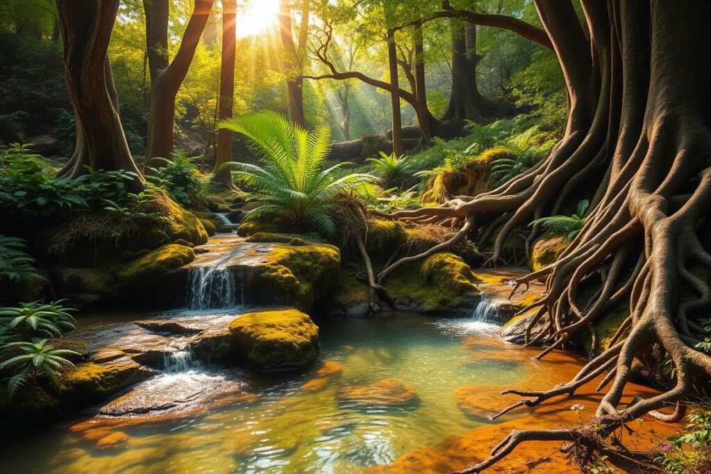 A tranquil, natural spring nestled in a lush, verdant landscape. The crystal-clear waters bubble up from the earth, gently cascading over mossy rocks and into a serene pool below. Sunlight filters through the canopy of towering trees, casting a warm, golden glow across the scene. The surrounding foliage is rich and vibrant, with ferns, wildflowers, and ancient, twisted tree roots adding depth and texture to the composition. The overall atmosphere is one of peaceful, restorative harmony, inviting the viewer to pause and appreciate the restorative power of this natural wonder.