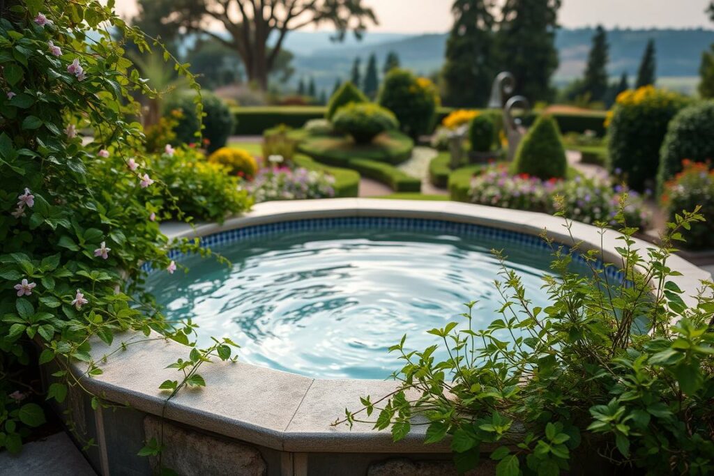 A tranquil whirlpool nestled amidst a lush, verdant oasis. The foreground features an elegant stone or tile surround, adorned with a variety of vibrant, thriving plants - trailing vines, delicate flowers, and leafy foliage cascading over the edges. The middle ground showcases the gently swirling waters of the whirlpool, reflecting the natural elements around it. In the background, a serene garden landscape unfolds, with towering trees, shrubs, and a harmonious blend of colors and textures. Soft, diffused lighting bathes the scene, creating a calming, inviting atmosphere. The overall composition emphasizes the seamless integration of the whirlpool into a lush, verdant oasis, reflecting the beauty and tranquility of nature.