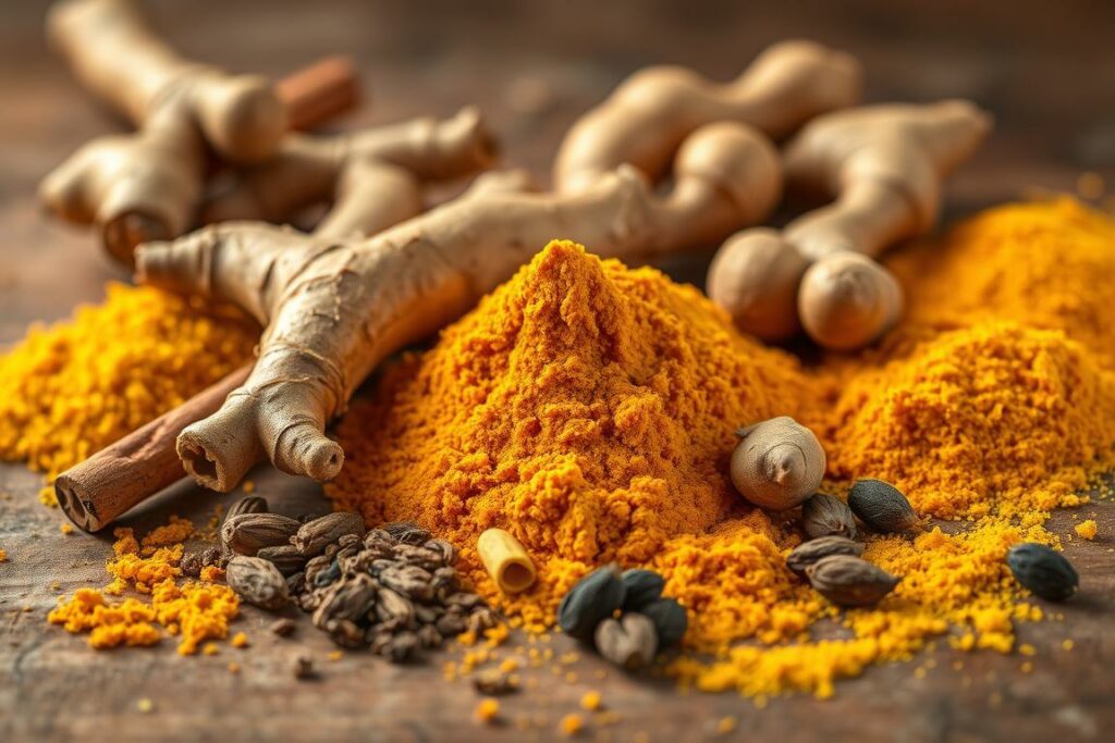 A vibrant arrangement of freshly ground turmeric root (Curcuma longa), grated ginger, and an assortment of aromatic spices such as cinnamon, cardamom, and black pepper. The ingredients are displayed on a natural wood surface, bathed in warm, diffused lighting that accentuates their rich, golden hues. The composition is balanced, with the turmeric rhizome taking center stage, surrounded by the supporting spices. The overall mood is cozy, inviting, and evocative of the soothing, healing properties of this ancient Ayurvedic superfood.