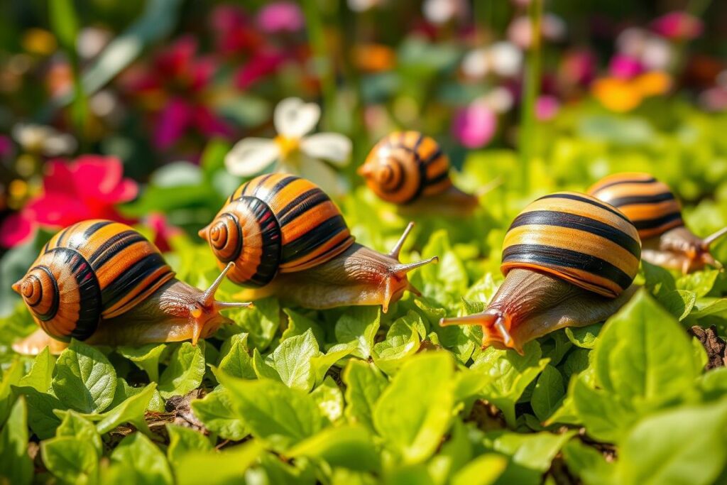 A vibrant close-up of several tiger snails (Tigerschnecken) gracefully crawling across a lush, verdant garden bed. The snails' striking shell patterns and rich, earthy colors are illuminated by warm, diffused natural lighting, casting soft shadows on the surrounding foliage. The foreground is in sharp focus, drawing the viewer's eye to the snails' intricate details, while the background gently blurs into a colorful, blossoming garden scene. The overall composition conveys a sense of tranquility and the harmonious coexistence between these beneficial garden inhabitants and the thriving plant life around them.