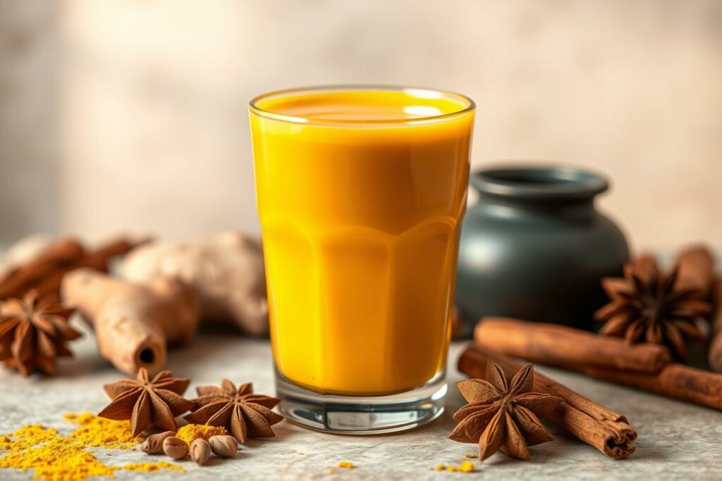 A vibrant, golden-hued ayurvedic beverage featuring a harmonious blend of turmeric, ginger, cinnamon, and other aromatic spices. The drink is presented in a glass, showcasing its rich, creamy texture and inviting color. Warm lighting casts a cozy, comforting glow, while the background features a serene, neutral palette to allow the drink to take center stage. The overall mood is one of wellness, nourishment, and the soothing embrace of ancient Ayurvedic traditions.