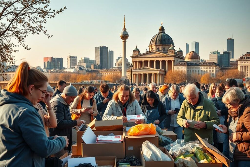 A vibrant scene of voluntary service in the heart of Berlin. In the foreground, a group of dedicated individuals engaged in various community-oriented tasks - sorting donations, organizing supplies, or assisting the elderly. The middle ground showcases the diverse backgrounds of the volunteers, each contributing their unique skills and experiences. In the background, the iconic landmarks of Berlin's cityscape provide a dynamic and inspiring backdrop, reflecting the city's rich cultural heritage. The scene is bathed in warm, golden light, capturing the spirit of camaraderie and the fulfillment that comes from giving back to one's community. An atmosphere of purpose, inclusivity, and civic pride pervades the image, embodying the essence of volunteering in Berlin.