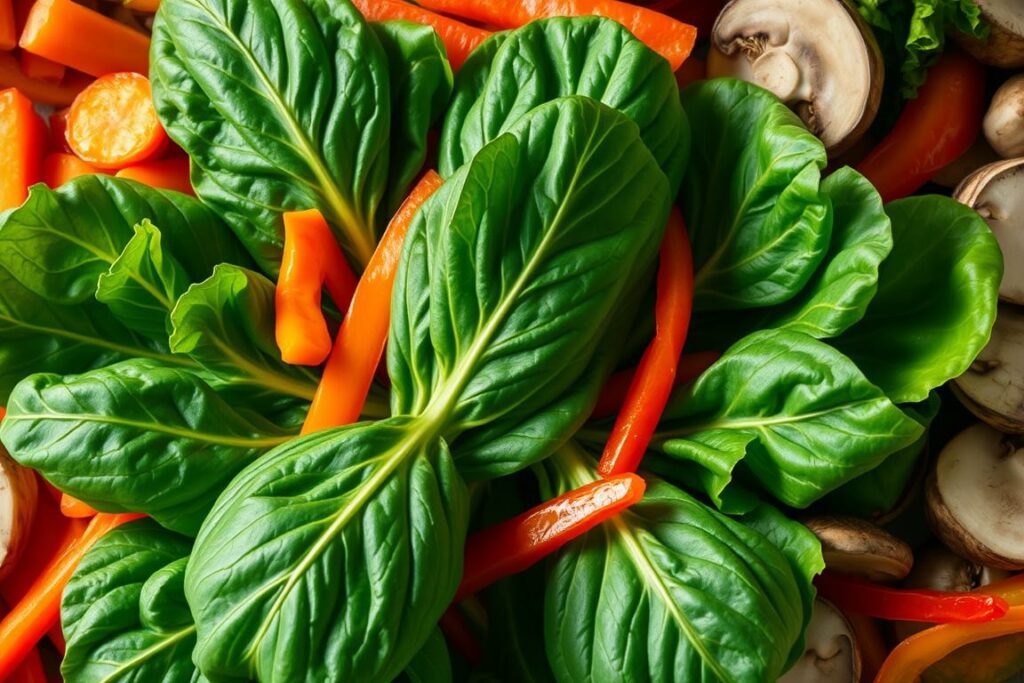 A vibrant, visually striking arrangement of Pak Choi nestled among a variety of complementary ingredients. The Pak Choi leaves are fresh, crisp, and lush, their deep green hues contrasting beautifully with the surrounding elements. Surrounding the Pak Choi are slices of crunchy carrots, vibrant red bell peppers, and slivers of earthy mushrooms, all lit by a warm, natural light that casts gentle shadows and highlights the textures. The composition is balanced and harmonious, inviting the viewer to imagine the flavorful combination of ingredients and the versatile culinary possibilities. The overall mood is one of freshness, vitality, and culinary inspiration.