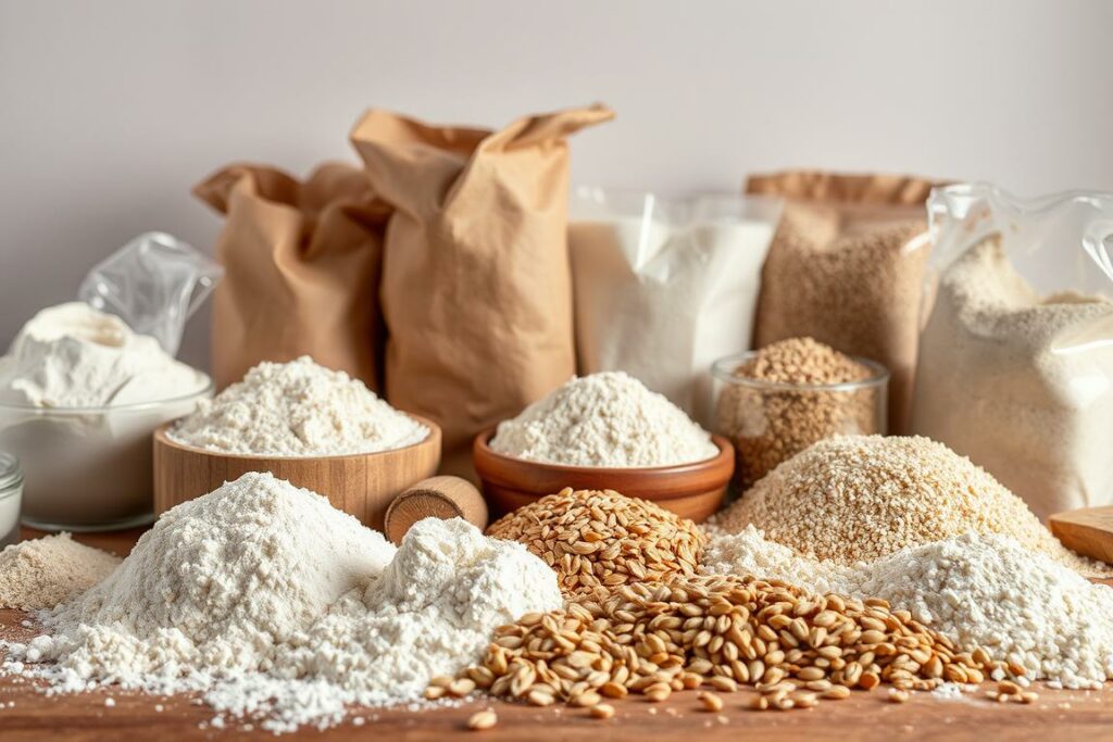 A visually striking still life showcasing an assortment of different flours and grains. In the foreground, a variety of flour types are elegantly arranged, including all-purpose, whole wheat, rye, and specialty flours like spelt and semolina. The textures and colors of the flours create a visually interesting composition, with soft, diffused lighting illuminating the scene. In the middle ground, various grains such as oats, barley, and millet are displayed, complementing the flours. The background features a simple, uncluttered setting, allowing the subject to take center stage. The overall mood is one of culinary precision and attention to detail, reflecting the informative nature of the "Mehltypen" section.