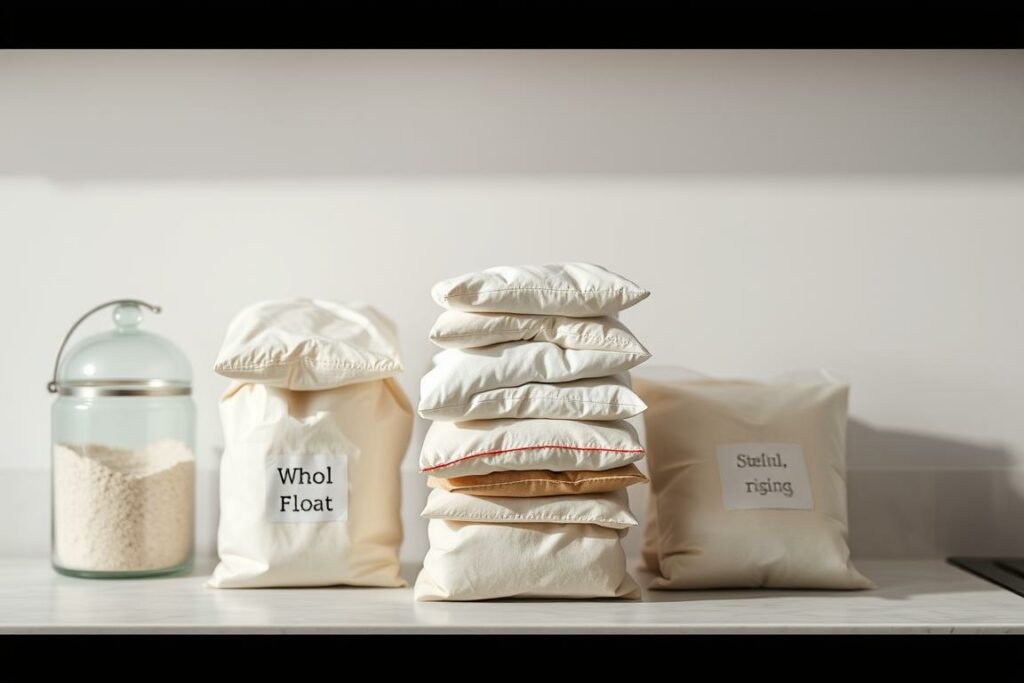 A well-lit kitchen counter with a transparent glass container filled with carefully stacked bags of different types of flour, including whole wheat, all-purpose, and self-rising. The flour bags are arranged in an orderly, visually appealing manner, showcasing their diverse textures and colors. The background features a soft, neutral-toned wall, creating a clean and minimalist atmosphere. Subtle highlights and shadows accentuate the contours of the flour bags, giving the scene a sense of depth and dimension. The overall composition conveys a sense of organization, attention to detail, and the importance of proper flour storage for baking success.