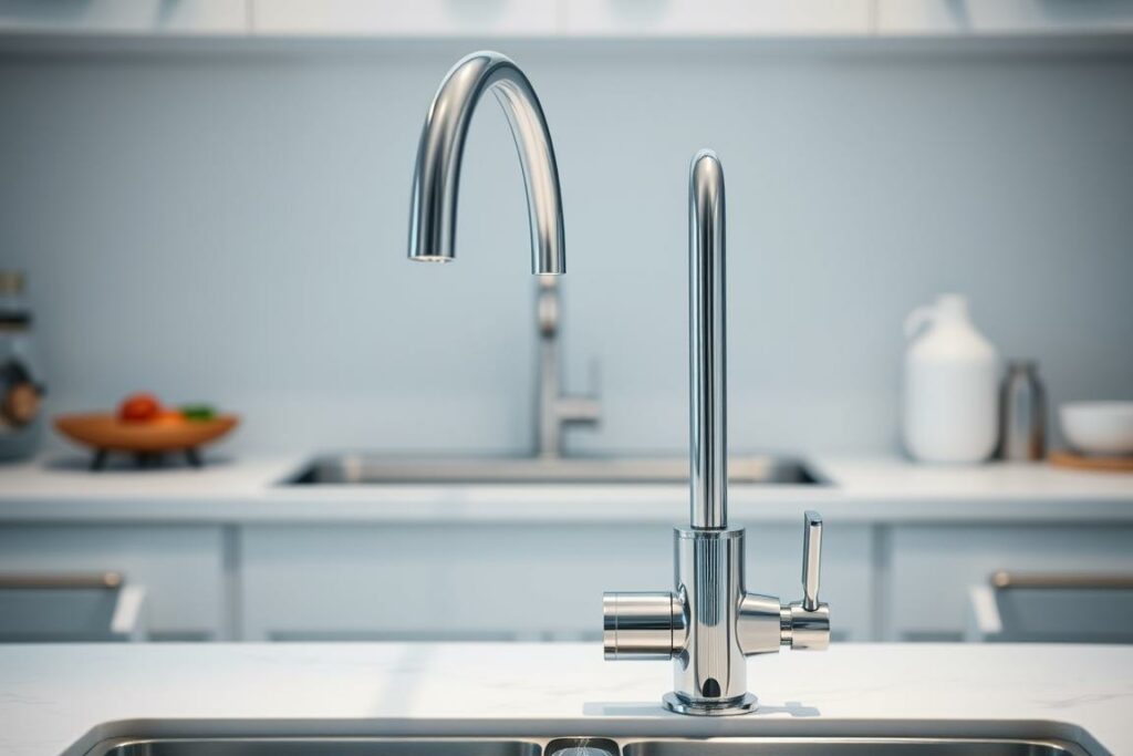 A well-maintained Quooker faucet standing prominently on a kitchen countertop, its sleek chrome finish gleaming under soft, diffused lighting. The Quooker's intuitive controls and specialized components are visible, inviting the viewer to explore its inner workings. In the background, a spotlessly clean sink and tidy kitchen surfaces convey a sense of order and attention to detail. The overall scene radiates a feeling of reliable functionality and thoughtful care, reflecting the importance of proper Quooker maintenance and upkeep.