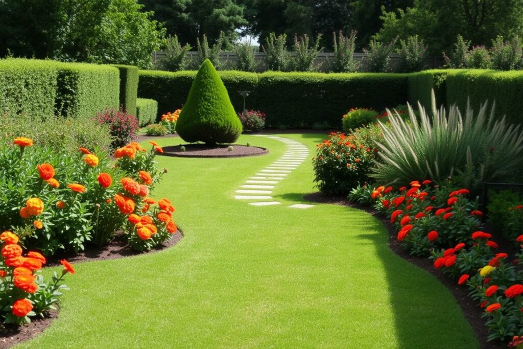 A well-maintained small garden with lush greenery, vibrant flowers, and a tidy, organized layout. The foreground features a neatly trimmed lawn and carefully arranged flower beds, with a variety of blooming plants in warm, rich colors. The middle ground showcases a well-pruned shrub and a neatly raked path leading deeper into the garden. In the background, a visually pleasing mix of trees and shrubbery create a sense of depth and tranquility. The lighting is soft and natural, casting gentle shadows and highlighting the textural details of the plants. The overall atmosphere is one of order, beauty, and a harmonious balance between cultivation and nature.