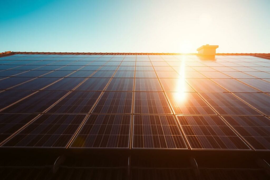 A wide, high-angle shot of a modern solar photovoltaic installation on the roof of a residential home. The sleek black solar panels cover the majority of the frame, capturing the sun's rays with precision. The panels are arranged in a symmetrical grid pattern, creating a visually striking geometric composition. The scene is bathed in warm, golden sunlight, casting soft shadows and highlighting the panels' glossy surfaces. In the background, a clear blue sky stretches out, emphasizing the renewable energy potential of solar power. The overall mood is one of clean, efficient, and environmentally-friendly energy generation, perfectly suited to illustrate the "Solarenergie und ihre Vorteile" section of the article.