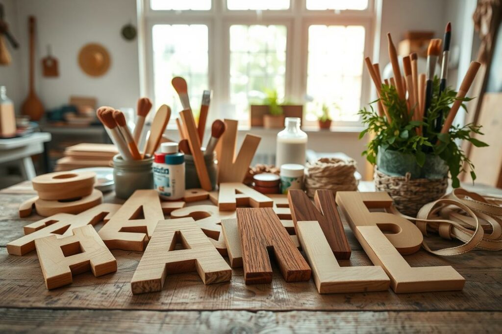 An artfully crafted still life showcasing the creative process of crafting wooden letters. In the foreground, a collection of unfinished wooden letter shapes in a variety of natural tones and grains, arranged with care on a rustic wooden surface. The middle ground reveals an assortment of craft supplies such as paint brushes, acrylic paints, and decorative elements like ribbons or twine. The background depicts a bright, airy studio space with natural light filtering through large windows, casting a warm, inviting glow. The overall scene conveys a sense of homespun DIY charm and the satisfying joy of hands-on crafting.