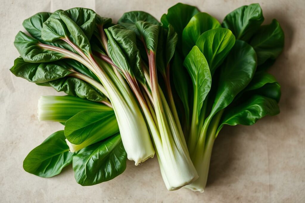 Freshness examination of Pak Choi, a vibrant display of verdant leaves and crisp stalks. Set against a neutral background, the produce is illuminated by soft, natural lighting, revealing its distinctive texture and color gradients. The Pak Choi is arranged in a visually appealing manner, highlighting its optimal state of ripeness and quality. The image conveys a sense of care and attention to detail, capturing the essence of selecting and storing this versatile Asian green for culinary perfection.