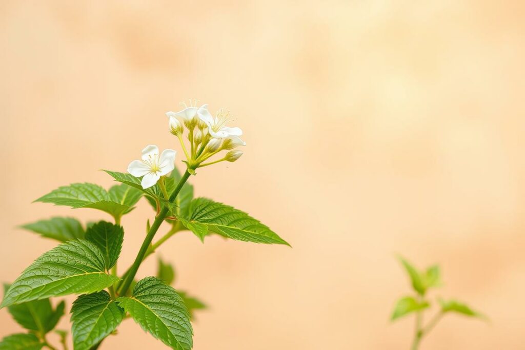 Heilpflanze: a vibrant botanical illustration showcasing a lush, verdant medicinal plant against a soft, natural backdrop. The foreground features the plant's broad, serrated leaves and delicate white flowers, their petals gently unfurling. The middle ground reveals the plant's sturdy, earthy stem, its texture conveying the plant's inherent strength and resilience. The background blends seamless gradients of earthy tones, evoking a serene, pastoral setting conducive to the plant's traditional herbal use. Soft, diffused lighting casts a warm, inviting glow across the scene, capturing the plant's inherent healing properties. Captured with a close, focused lens to emphasize the plant's intricate details and medicinal significance.