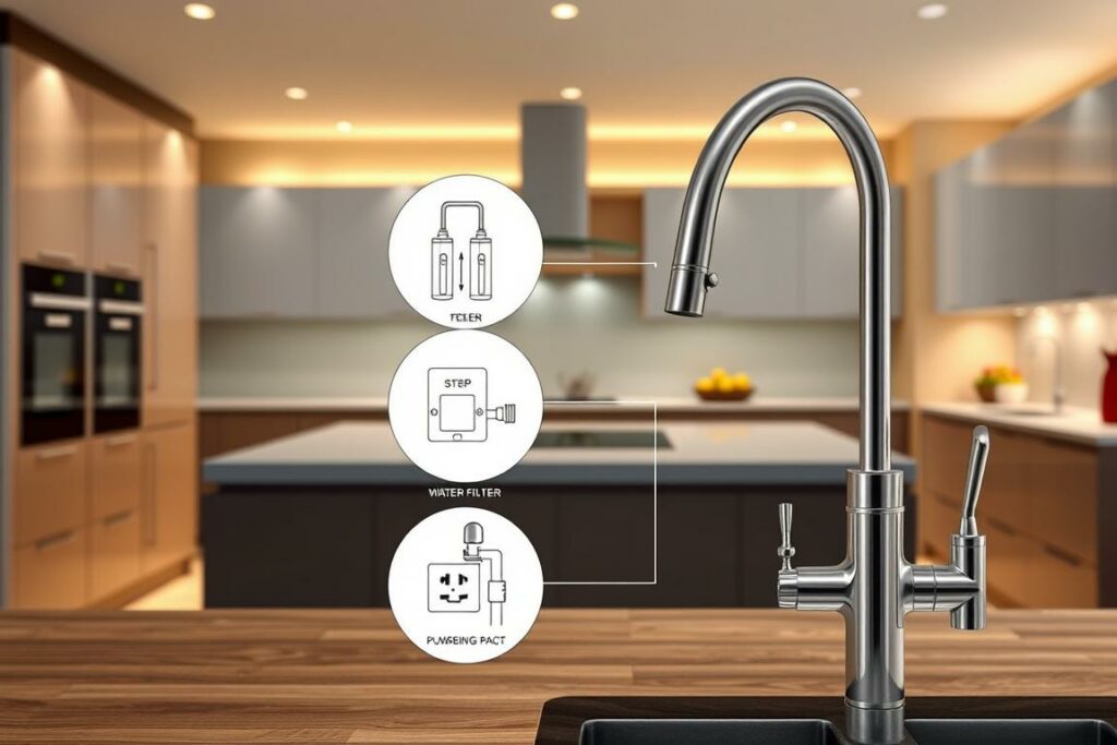 Prompt An expertly crafted, hyper-realistic illustration of the installation requirements for a Quooker hot water tap. The foreground shows a step-by-step guide with detailed diagrams of the key components - the main tap unit, water filter, power socket, and plumbing connections. The middle ground features a modern, minimalist kitchen interior with sleek, high-end cabinetry and appliances. The background is a warm, softly-lit setting that conveys a sense of ease and functionality. The overall mood is one of thoughtful, informed practicality, showcasing the technical precision and elegant design of the Quooker system.