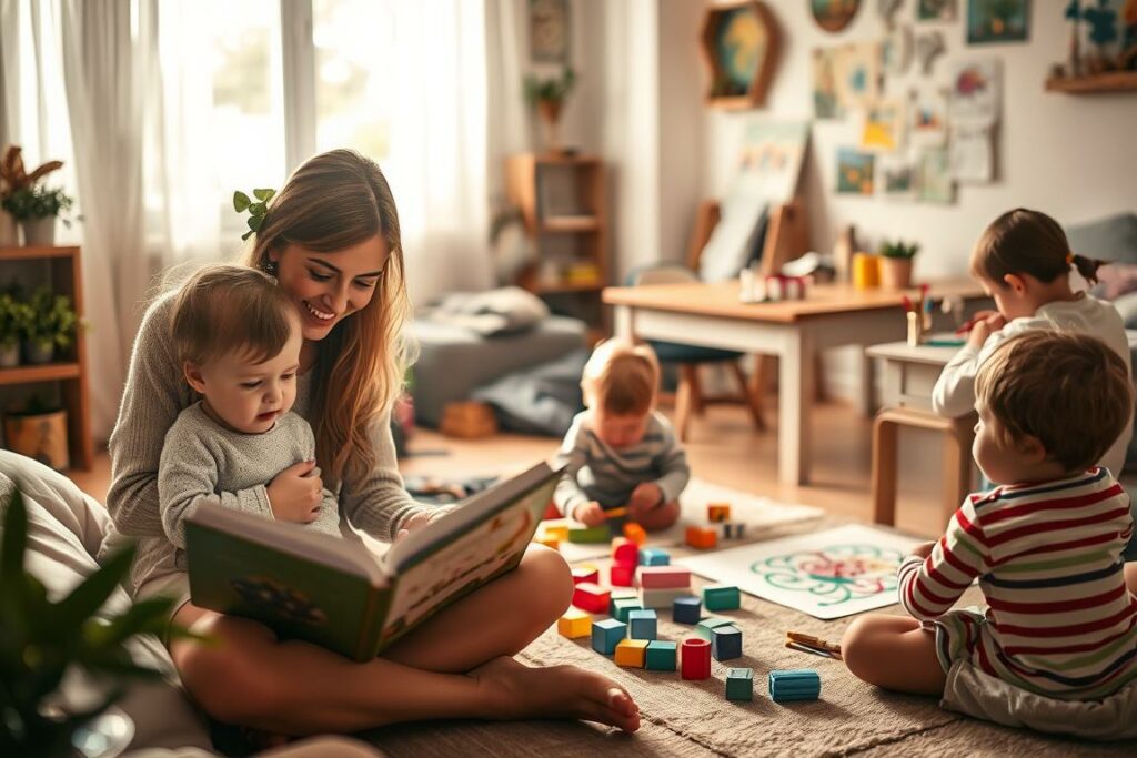 Warm, soft lighting illuminates a cozy domestic scene of a young family engaged in various activities. In the foreground, a mother reads a storybook to her young child, their faces lit with wonder. In the middle ground, a father plays with a toddler on the floor, blocks and toys scattered around. In the background, an older sibling works on a drawing at a table, surrounded by vibrant, colorful artwork. The atmosphere is one of nurturing, learning, and cherished moments - the essence of "Kindererziehungszeiten" during the first 10 years of a child's life.