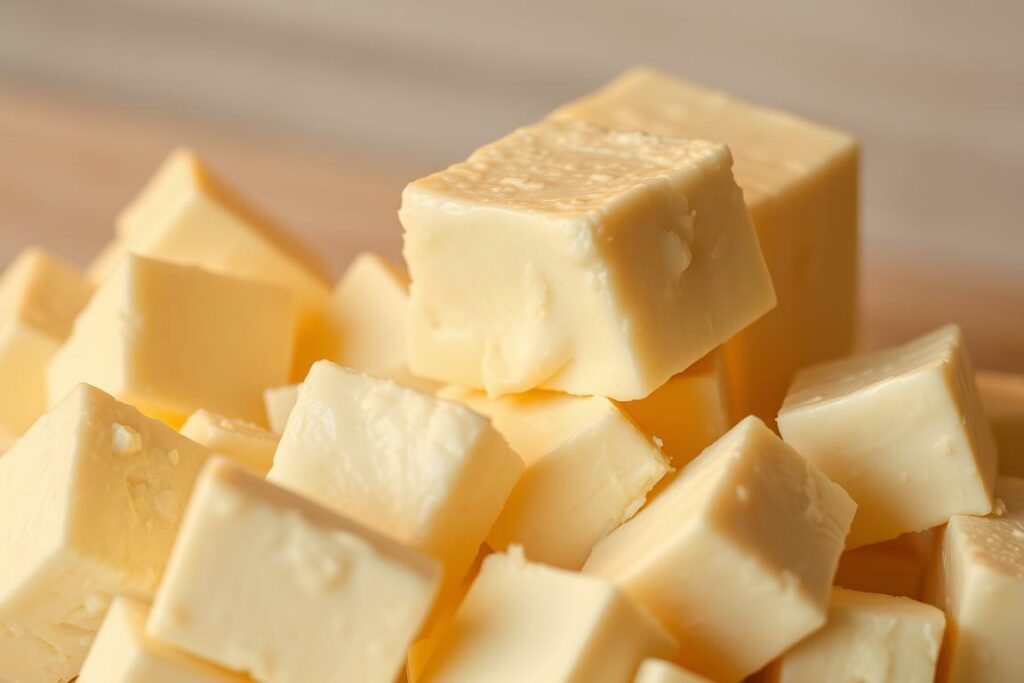A close-up shot of a soft, fresh block of Indian paneer cheese, glistening with a light sheen and cut into evenly sized cubes. The paneer is set against a subtly textured background, perhaps a light-colored wooden surface or marble countertop, illuminated by warm, diffused lighting that casts gentle shadows and highlights the cheese's creamy, off-white hue. The image conveys the rich, comforting nature of this beloved Indian dairy product, popular for its versatility and unique flavor profile in traditional dishes.