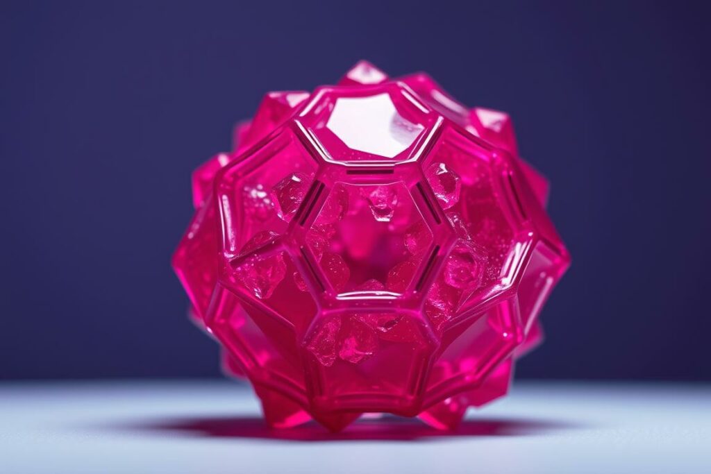 A close-up shot of a vibrant, reddish-purple nitrate crystal structure, capturing its intricate hexagonal patterns and translucent, gem-like appearance. The crystal is positioned against a stark, minimalist background, allowing its mesmerizing details to take center stage. Soft, diffused lighting from above casts gentle shadows, highlighting the crystal's faceted surface and creating a sense of depth and dimensionality. The overall composition conveys a sense of scientific curiosity and the inherent beauty found in the molecular structure of this natural compound.