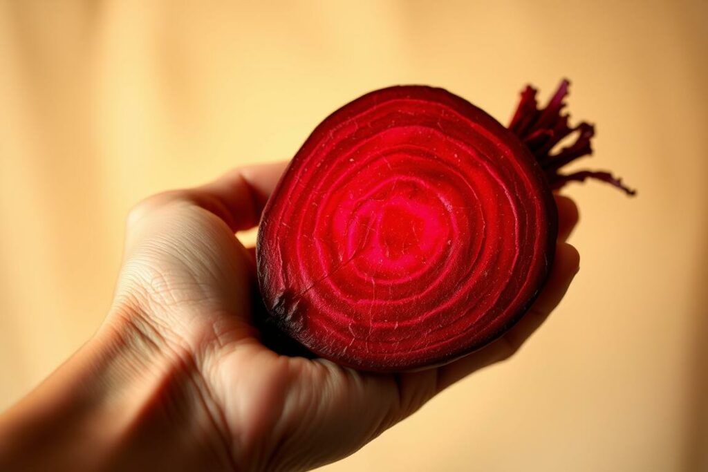 A close-up view of a person's hand holding a fresh, vibrant red beet against a blurred, soft background. The beet's deep crimson hue radiates with an almost otherworldly glow, casting an eerie yet captivating light on the skin. Intricate veins and textures of the beet's surface are visible, inviting the viewer to examine it in detail. The scene is bathed in a warm, diffused lighting that creates a sense of tranquility and introspection, hinting at the potential side effects and precautions associated with this nutritious root vegetable.