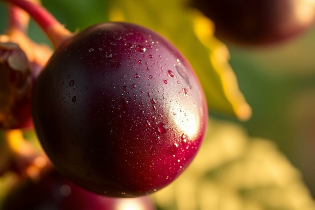 A closeup, detailed shot of a plump, ripe anthocyane berry, glistening with dew, set against a soft, blurred background. The berry's deep indigo-purple hue is vivid and saturated, with a hint of natural shine. Warm, gentle lighting from the side creates subtle shadows, highlighting the berry's subtle contours and texture. The composition places the anthocyane berry prominently in the frame, emphasizing its natural beauty and health benefits. The overall mood is one of natural elegance and scientific interest, inviting the viewer to appreciate the power and potential of this remarkable superfood.