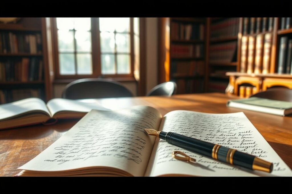 A cozy study with an open journal resting on a warm wooden desk, bathed in soft, natural light filtering through a large window. The journal's pages are filled with flowing cursive script, capturing thoughtful reflections. A well-used fountain pen lies nearby, a symbolic representation of the meditative act of writing. The background features a bookshelf filled with leather-bound volumes, creating an atmosphere of intellectual contemplation. This serene and inviting scene evokes a sense of clarity and introspection, perfectly suited to illustrate the section on "Weg 2: Gedanken schriftlich festhalten".