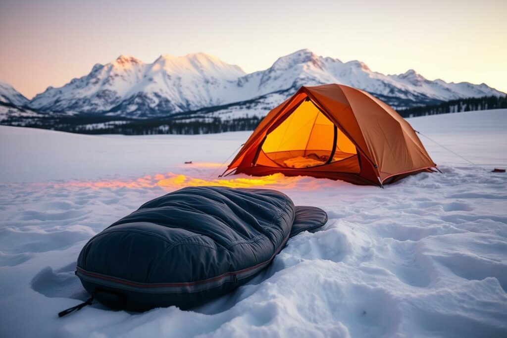A cozy winter camping scene with a warm, inviting glow. In the foreground, a well-insulated sleeping bag and a high-quality insulating sleeping pad are laid out on a soft, snow-covered ground. The middle ground features a sturdy, four-season tent pitched in a serene, snow-covered landscape, its warm interior visible through the partially open entrance. In the background, a majestic, snow-capped mountain range stands tall, bathed in the soft, golden light of a setting sun. The overall atmosphere conveys a sense of tranquility, comfort, and safety, perfect for a winter camping adventure.