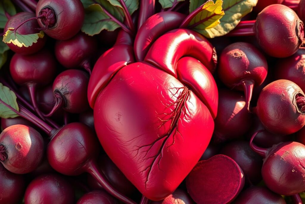A detailed illustration of a healthy heart surrounded by vibrant red beets, symbolizing the cardiovascular benefits of beetroot. Crisp, high-resolution rendering with warm, natural lighting casting soft shadows. The heart is anatomically accurate, glowing with an inner radiance, while the beets are freshly harvested, their deep crimson hues and earthy textures contrasting beautifully. The composition is balanced, drawing the viewer's eye to the heart as the focal point. The mood is one of vitality, wellness, and the restorative power of nature's bounty.