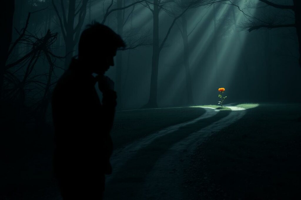 A high-contrast image of a person standing at a crossroads, deep in thought, with two paths leading in different directions. The foreground shows the person's silhouette, their face obscured by shadow, pondering which path to take. The middle ground depicts the two roads diverging, one leading to a maze of tangled branches and the other to a clearing with a single, vibrant flower. The background is a dimly lit forest, with shafts of light cutting through the canopy, creating a contemplative, almost spiritual atmosphere. The lighting is dramatic, creating strong shadows and highlights to emphasize the decision-making process. The overall mood is one of introspection and the need to establish priorities.
